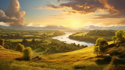 A scenic countryside at dawn, bathed in golden sunlight, showcasing the picturesque charm of a morning rural landscape. - Generative AI