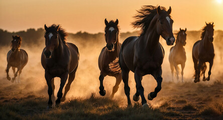 Silhouette of wild horses galloping on the plain while the sun is setting.