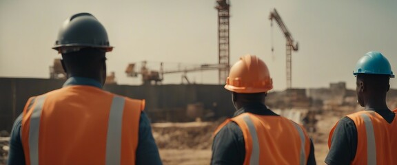 Black African architects in orange vests seen from behind looking at a construction site in Africa.
