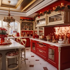 Fototapeta na wymiar kitchen with red and golden Christmas decorations and lights