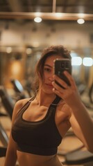Fototapeta premium woman doing selfie at gym , in the style of snapshot aesthetic, mirror, dark black
