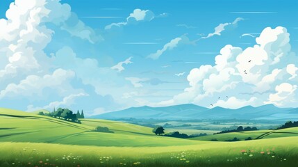 Obraz premium A serene countryside landscape with a non-deformed human figure enjoying a leisurely bike ride, surrounded by rolling hills and blooming fields - Generative AI