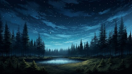 Fototapeta na wymiar A serene forest landscape illuminated by the moonlight, showcasing a tranquil night scene with a starry sky and silhouetted trees - Generative AI