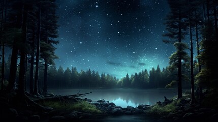 Fototapeta premium A serene forest landscape illuminated by the moonlight, showcasing a tranquil night scene with a starry sky and silhouetted trees - Generative AI