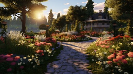 Fototapeta premium A serene garden filled with blooming flowers and winding paths, offering space for text integration amidst the calming botanical scenery - Generative AI