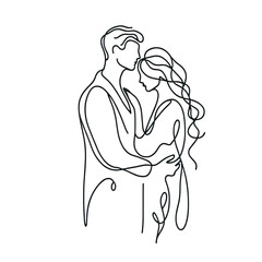 Elegant line art of an embracing couple, minimal detail, in black on white for a modern aesthetic