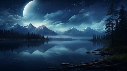 A serene lake reflecting the stars and moonlight, capturing the tranquility and beauty of a nighttime lakeside setting - Generative AI