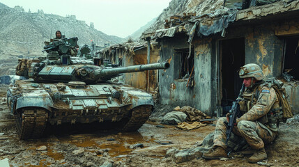 A solider and an army tank in a run down village - 713594754