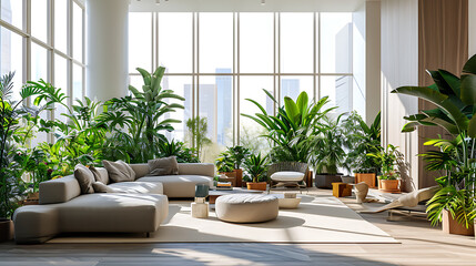 Uma espaçosa sala de estar moderna é preenchida com uma variedade de exuberantes plantas domésticas criando um oásis de paz dentro da paisagem urbana movimentada