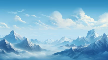 Fotobehang A serene mountain range under a clear blue sky in the morning, showcasing the majestic peaks and tranquil atmosphere of a morning mountain view - Generative AI © Huzaifa
