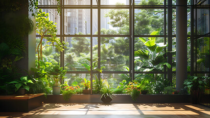 Um loft moderno e espaçoso é adornado com uma abundância de plantas verdes criando uma sensação de serenidade e tranquilidade dentro da cidade movimentada