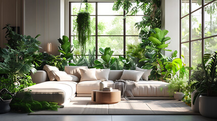 Uma sala de estar moderna e elegante com grandes janelas que permitem a luz suave e filtrada iluminar o espaço