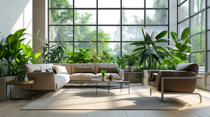 Uma sala de estar moderna e elegante com grandes janelas que permitem a luz suave e filtrada iluminar o espaço