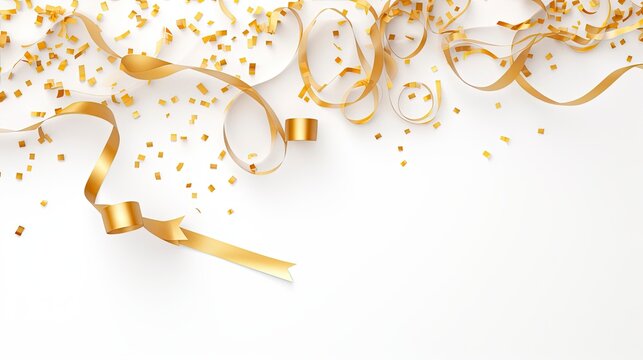 Golden Confetti And Ribbon Falling On White Background.