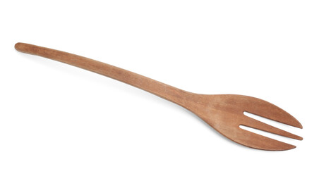 Wooden fork isolated on white, top view. Cooking utensil