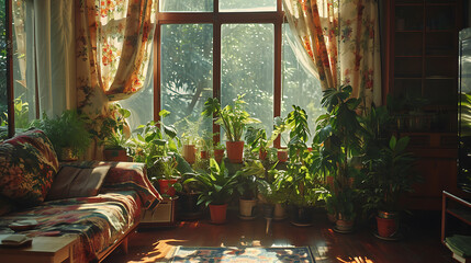 Uma sala de estar banhada pelo sol decorada com tema botânico  Plantas verdes exuberantes caem de vasos de terracota acrescentando uma vibração natural ao espaço - obrazy, fototapety, plakaty