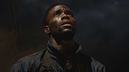 Portray the profound emotions of a man gazing with a somber expression. Generative AI