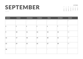 Monthly page Calendar Planner Templates of September 2024. Vector layout of simple calendar with week start Monday for print. Page for size A4 or 21x29.7 cm