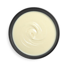 Tasty melted chocolate in bowl isolated on white, top view