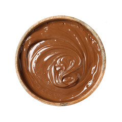 Tasty melted milk chocolate in bowl isolated on white, top view