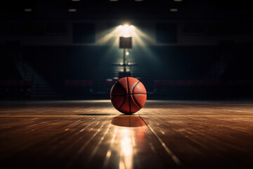 Basketball Centered on Gym Court with Hoop in Background