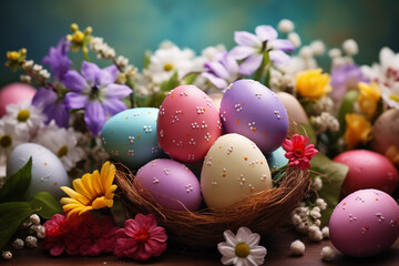 Obraz na płótnie Canvas Happy Easter. Congratulatory easter background. Easter eggs and flowers