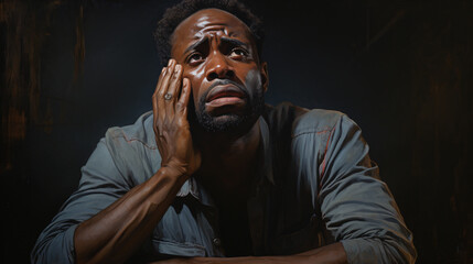 Fototapeta premium Portray the profound emotions of a man gazing with a somber expression. Generative AI