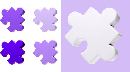 Jigsaw puzzle 3d set. Bright bold purple and pastel blue or white glossy pieces in isometric cartoon style. Vector matching game part illustration isolated.