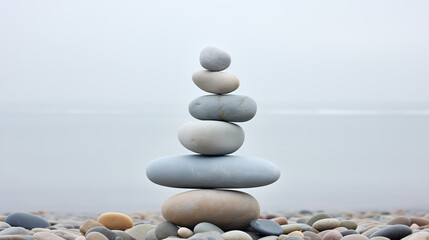 Pebble cairn, stack of smooth pebbles on the seaside. Stone stack on the beach near a calm misty ocean. Beautiful, quiet seascape. Peaceful meditative mood. - obrazy, fototapety, plakaty