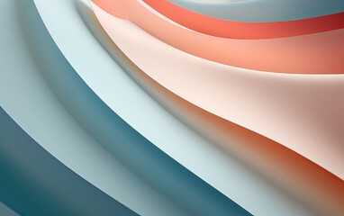 Abstract wallpaper background with smooth and curved lines created by folding paper in the shape of waves, featuring blue, orange, pink, and white colors and shades.