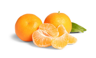Fresh ripe juicy tangerines with green leaf isolated on white