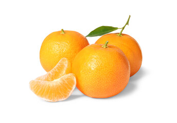 Fresh ripe juicy tangerines with green leaf isolated on white