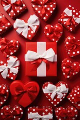 Festive Arrangement - Bold Red Background with Heart Patterned Gift Boxes, Valentine's Day Concept