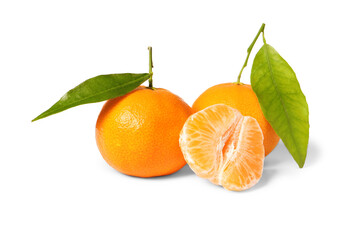 Fresh tangerines with green leaves isolated on white