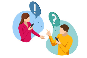 Isometric Question Marks, Message box with question, Chatbot technology, AI chat bot based on artificial intelligence. Woman and Man Ask Questions and receive Answers.