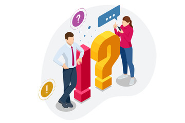 Isometric Question Marks, Message box with question, Chatbot technology, AI chat bot based on artificial intelligence. Woman and Man Ask Questions and receive Answers.