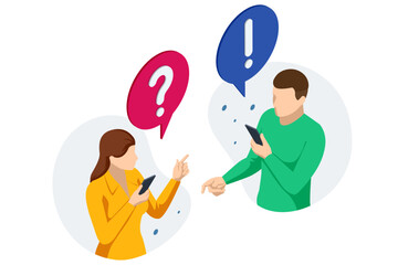 Isometric Question Marks, Message box with question, Chatbot technology, AI chat bot based on artificial intelligence. Woman and Man Ask Questions and receive Answers.