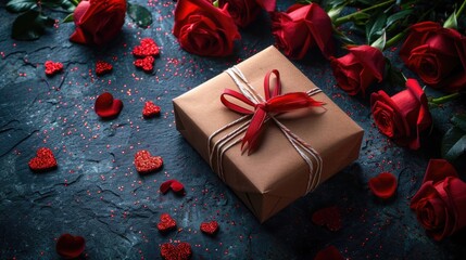 Moody Elegance - Dark Background with Roses and Rustic Gift in a Valentine's Day Concept