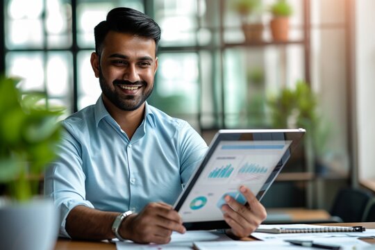 Happy Indian business man manager analyst using tablet computer, businessman employee or executive looking at camera working on tab device with financial data ai solutions at office desk. Portrait
