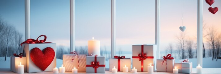 Fresh Symmetry - Sky-Blue Wooden Background with White Gift Boxes, Valentine's Day Concept