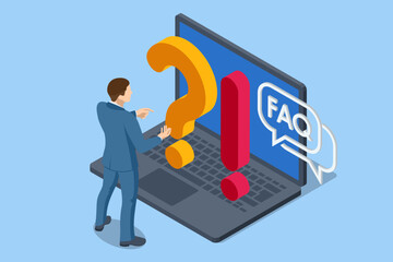 Isometric Question Marks, Message box with question, Chatbot technology, AI chat bot based on artificial intelligence. Man Ask Questions and receive Answers.