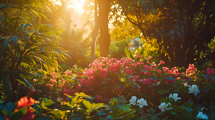Obraz na płótnie Canvas Um tranquilo jardim botânico banhado pela luz dourada oferecendo um santuário sereno para os visitantes se imergirem na beleza encantadora da natureza