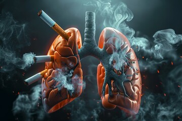 Abstract human lungs in tobacco cigarette smoke. Concept for quitting smoking and No Smoking Day. Background - obrazy, fototapety, plakaty