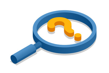 Isometric Question Marks, Message box with question, Chatbot technology, AI chat bot based on artificial intelligence. Magnifying glass