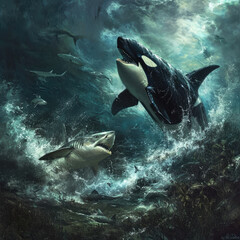 A pod of orca whales and a shark are swimming in the ocean alongside a group of fish.
