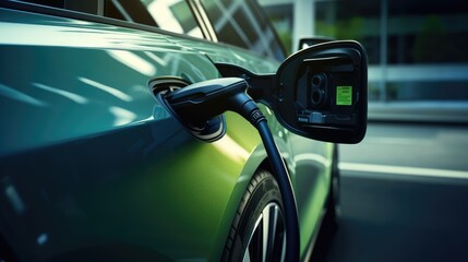 energizing sustainability: the electric green and eco-friendly car revolution, showcasing efficient battery charging and embracing eco-conscious driving for a greener and cleaner automotive future - obrazy, fototapety, plakaty