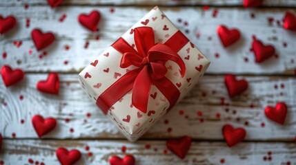 Classic Whimsy - Rustic White Tabletop with Patterned Gift Box and Red Hearts, Valentine's Day Concept