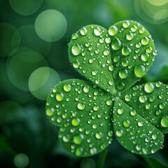 Close-up of a green clover leaf with dew drops on it