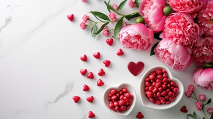 Fototapeta na wymiar Minimalist Elegance - White Background with Pink Peonies and Heart Candies, Valentine's Day Concept