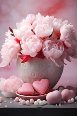 Minimalist Elegance - White Background with Pink Peonies and Heart Candies, Valentine's Day Concept